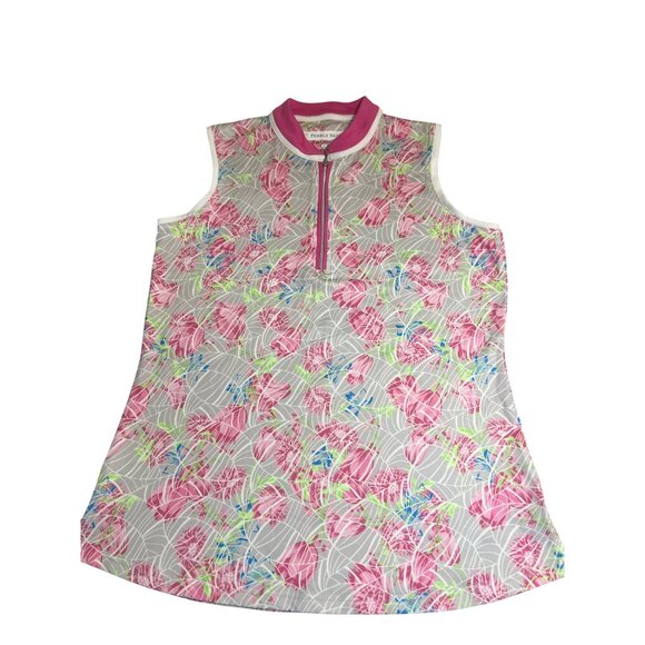 Pebble Beach Dry-Luxe Performance Sleeveless Shirt Pink Gray Floral Zipper Sz L - Picture 1 of 5